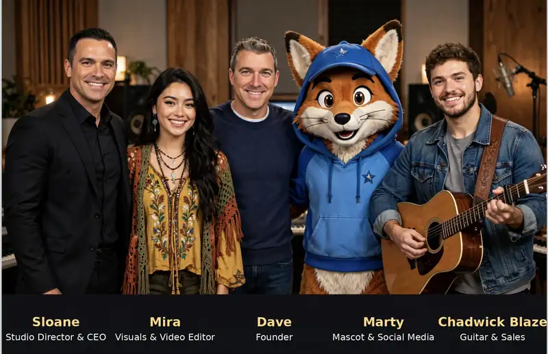The Studio team, left to right: Sloane, Mira, Dave, Marty, and Chadwick Blaze