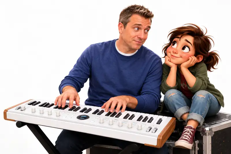 Dave at the keyboard with Sally watching