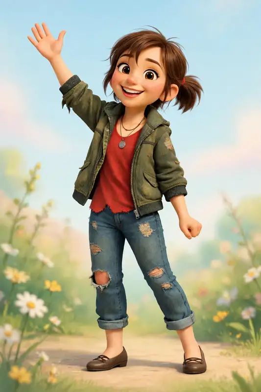 Sally waving hello, celebrating her little sister bot Doodle finding her voice