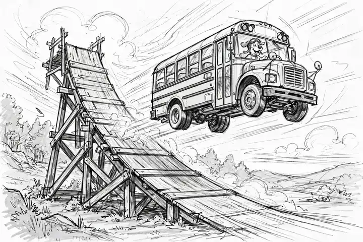 Sketch: the bus jump, Biscuit driving