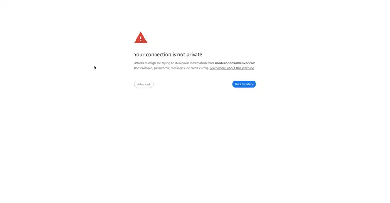 Screenshot: Chrome SSL warning on modernnomaddenver.com
