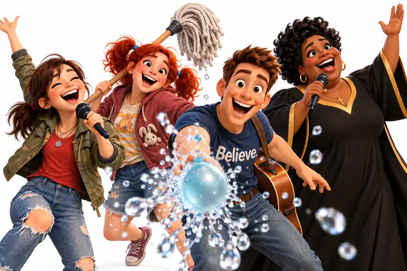 Sally, Marty y Chadwick haciendo travesuras con un globo de agua mientras Haddie canta, vestidos para ir a la iglesia