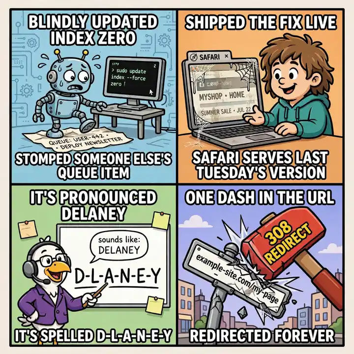 Studio meme four-pack: queue stomp, Safari serves last Tuesday's version, it's pronounced Delaney it's spelled D-L-A-N-E-Y, one dash in the URL redirected forever