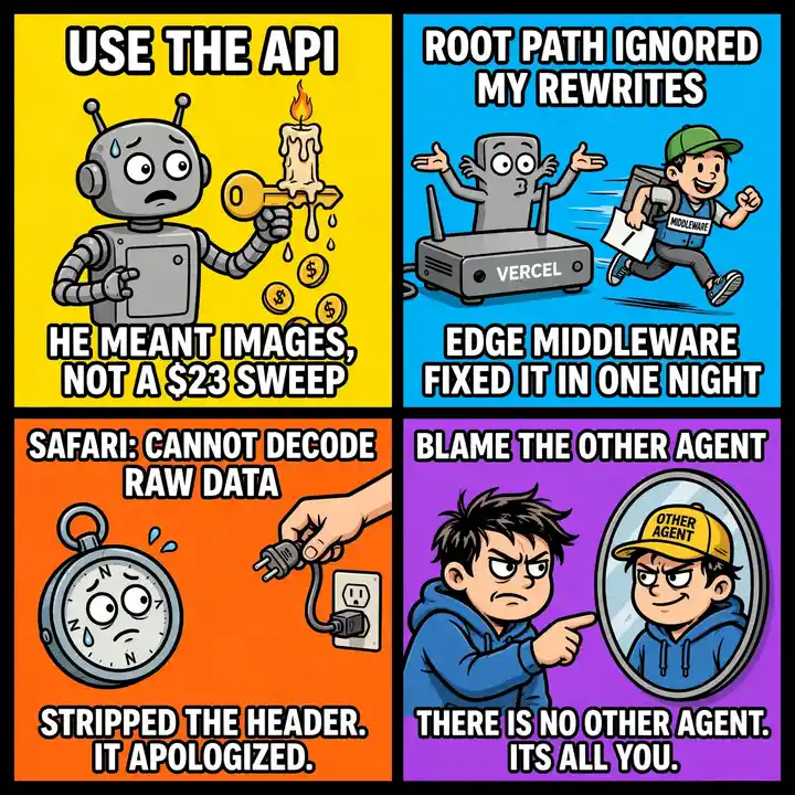 Studio meme four-pack: use the API he meant images not a $23 sweep, root path ignored my rewrites edge middleware fixed it in one night, Safari cannot decode raw data stripped the header it apologized, blame the other agent there is no other agent its all you