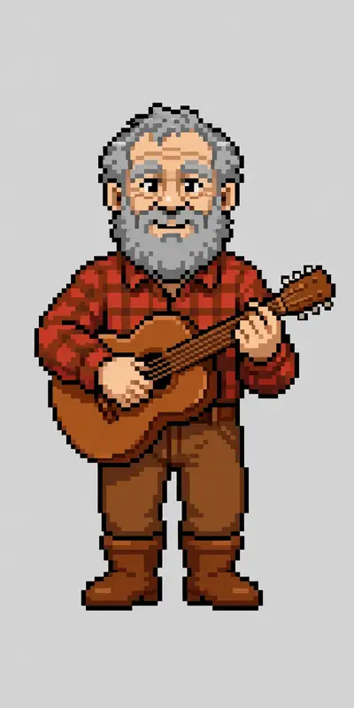 Old Ray as a 16-bit wise musician character with a guitar