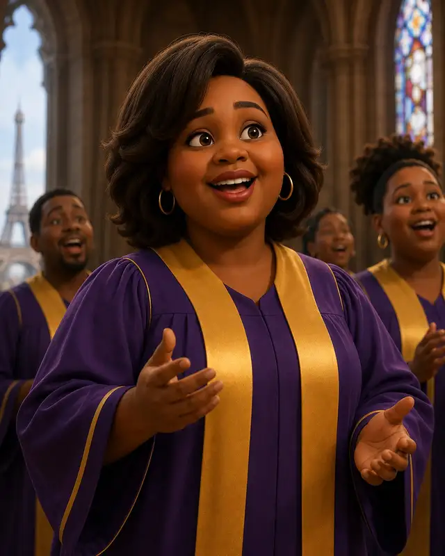 Gloria singing in purple and gold