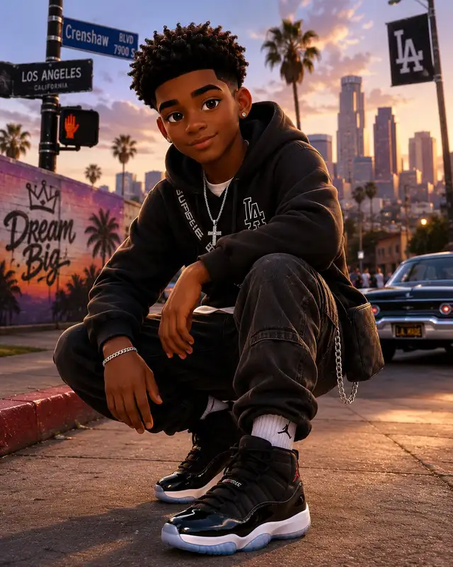 Jalen sitting on a Los Angeles street at sunset