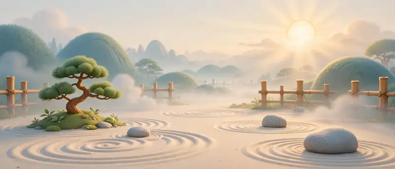 A tranquil Japanese zen garden at dawn