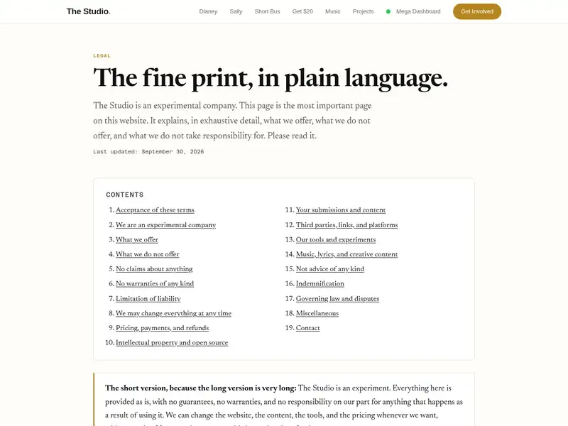 Legal page from the Website in a Box template