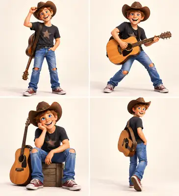 Tex, a teenage country singer in a cowboy hat and star t-shirt