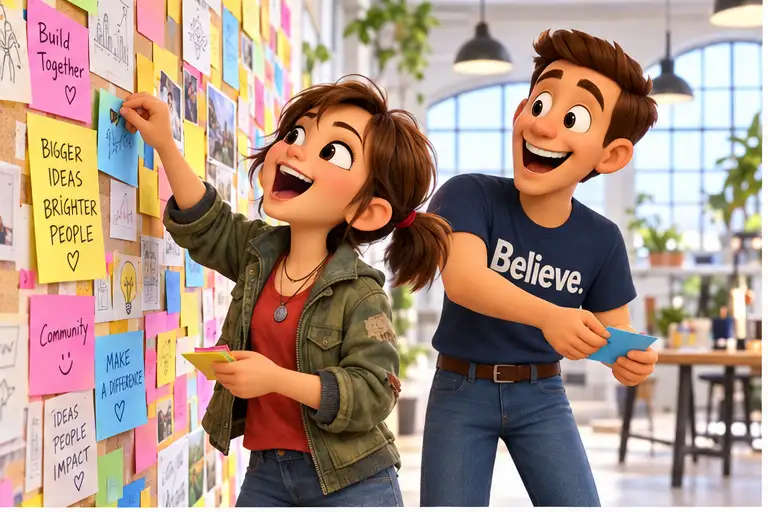 Sally and Chadwick pinning ideas on the board, laughing